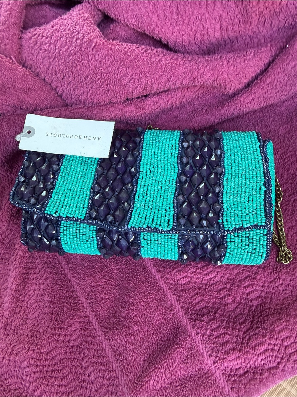 Anthropologie Teal and Dark Blue Beaded Stripe Wristlet Clutch